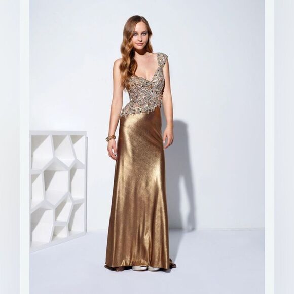 TERANI COUTURE prom pageant gown beaded bronze brown floor length dress sz 8 NWT - Picture 1 of 12